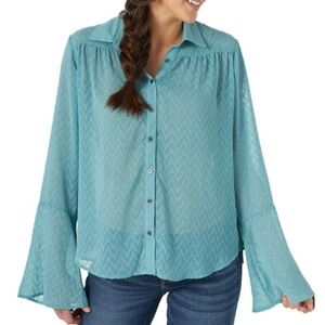 Wrangler retro women's teal sheer button-up blouse size large western wear